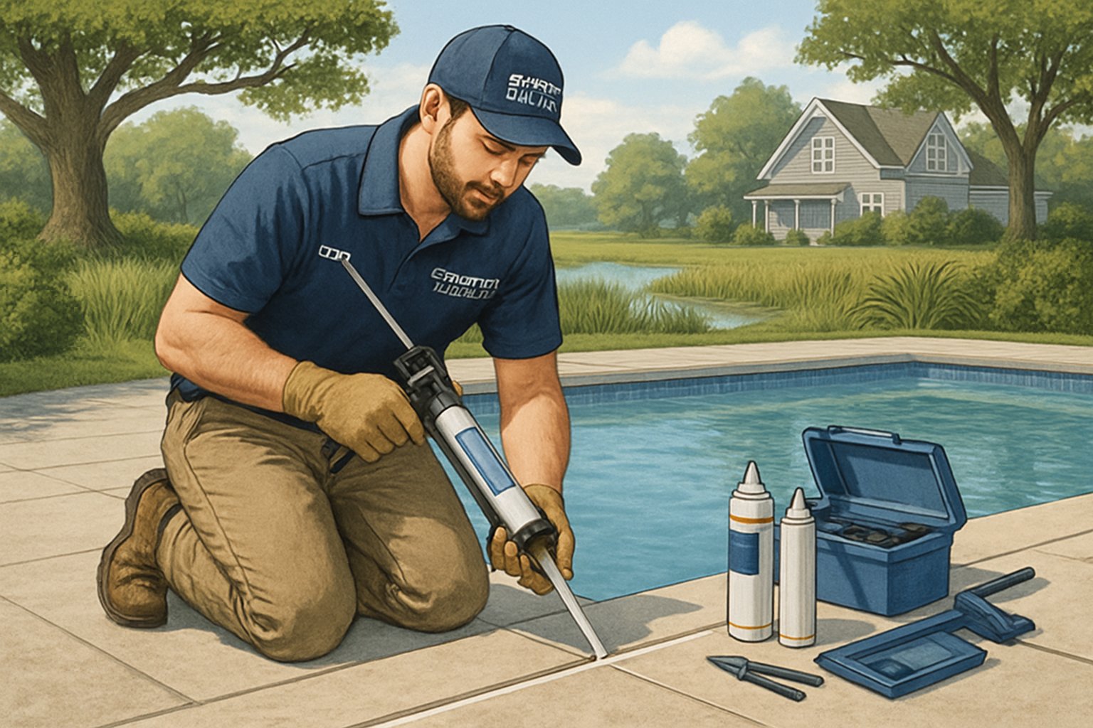A technician applying caulking to the edge of a residential inground swimming pool surrounded by greenery and homes.