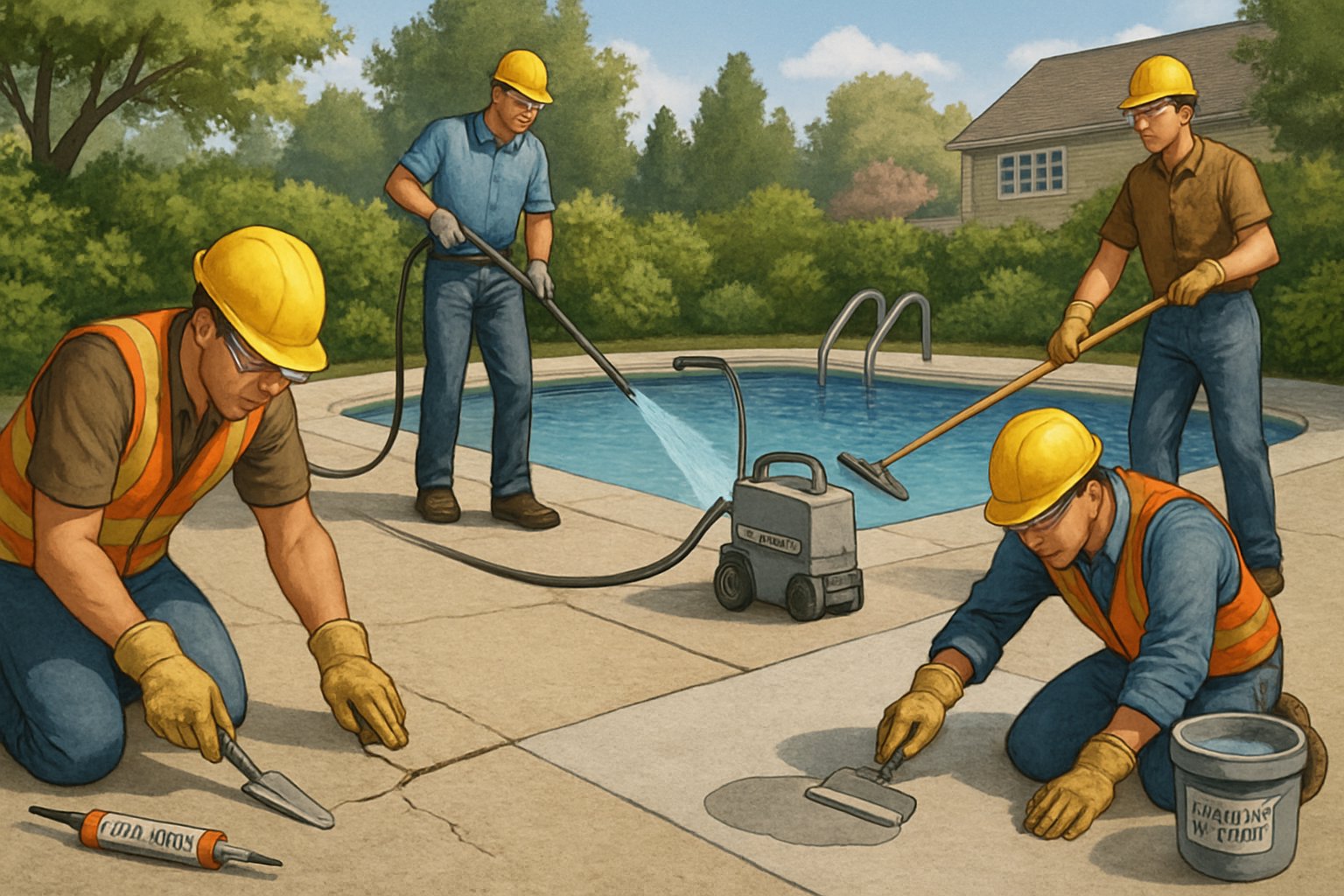 Workers repairing and resurfacing a pool deck around a backyard swimming pool with tools and equipment visible.