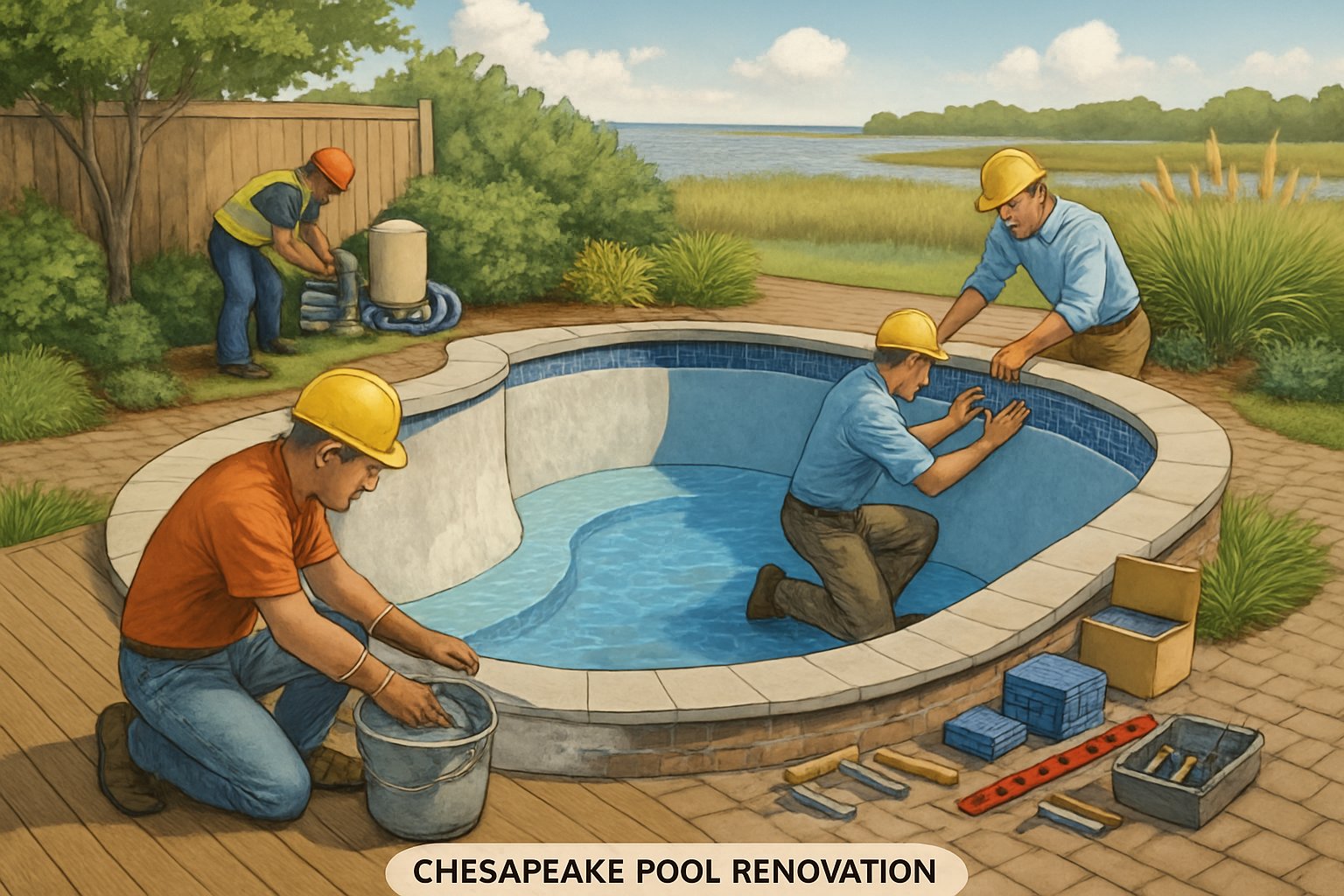 A backyard scene showing workers renovating a swimming pool with clear water, surrounded by greenery and wooden decking.
