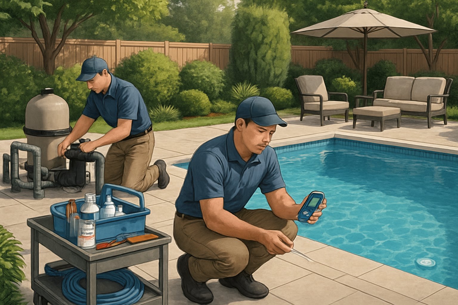 A maintenance technician inspects equipment at a clean, renovated outdoor pool surrounded by greenery and patio furniture.