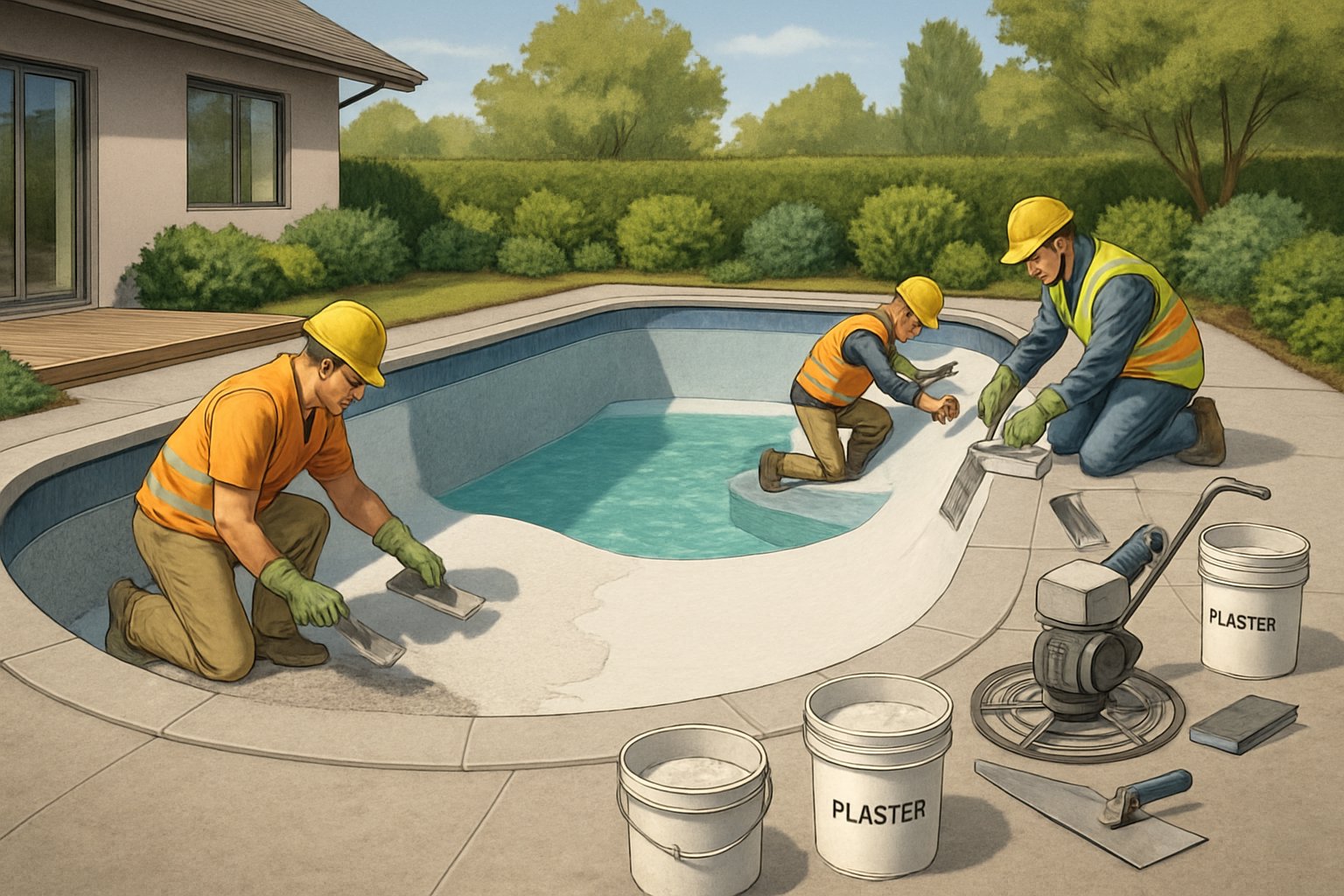 Workers applying new plaster to the interior surface of a residential swimming pool during resurfacing in a backyard.