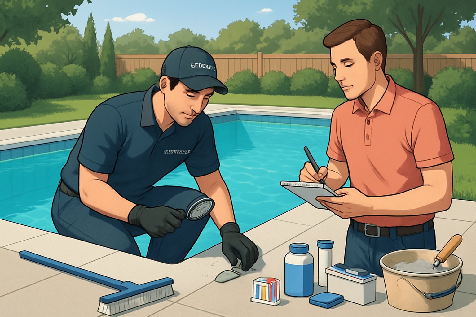 A pool technician inspects a freshly resurfaced swimming pool while a homeowner listens nearby in a well-kept backyard.