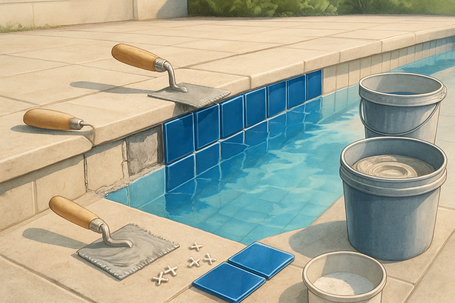 Close-up view of a swimming pool edge with new waterline tiles being installed and tools on the deck nearby.