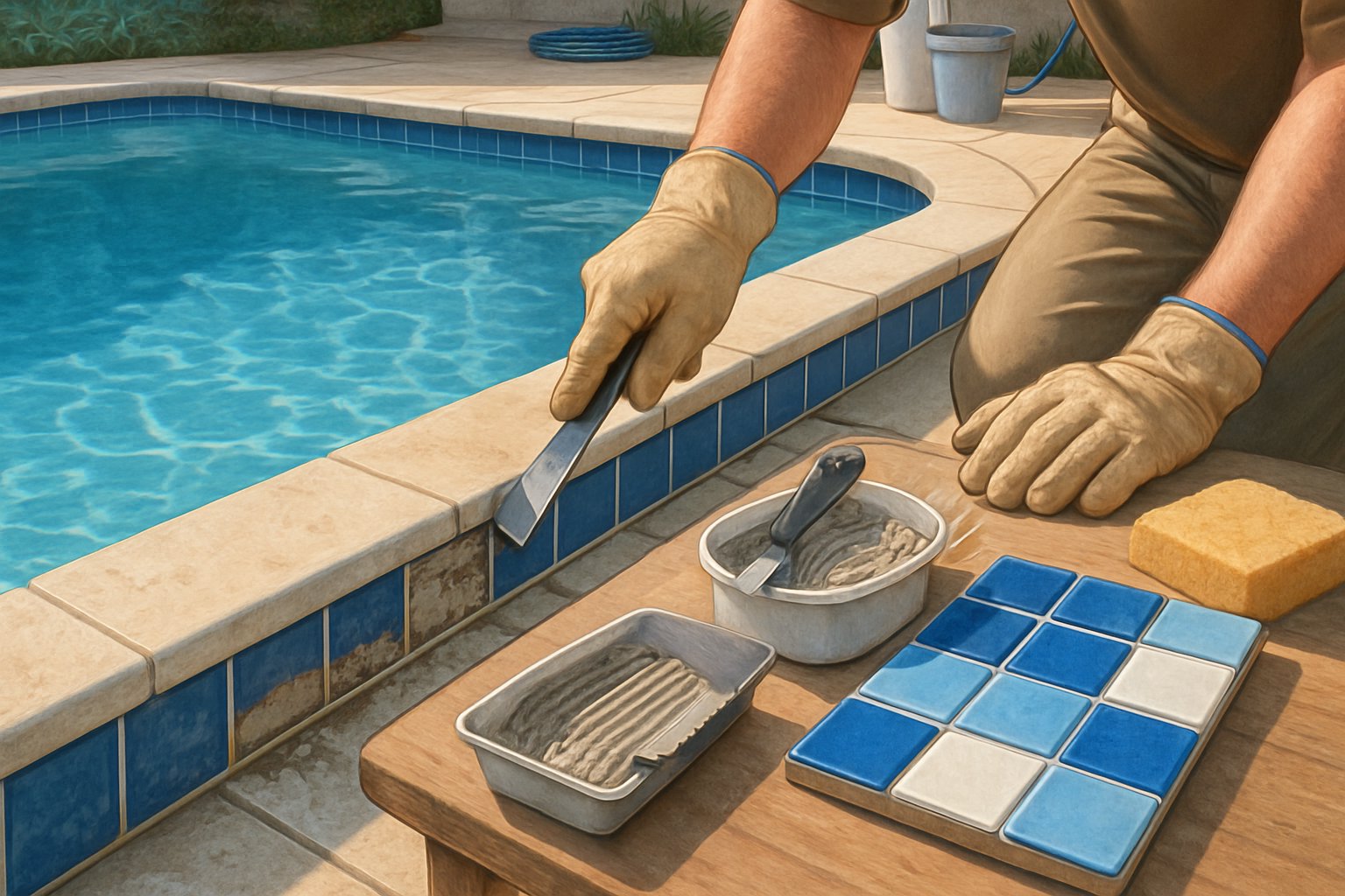 A worker replacing waterline tiles on a residential swimming pool with tools and new tiles nearby.