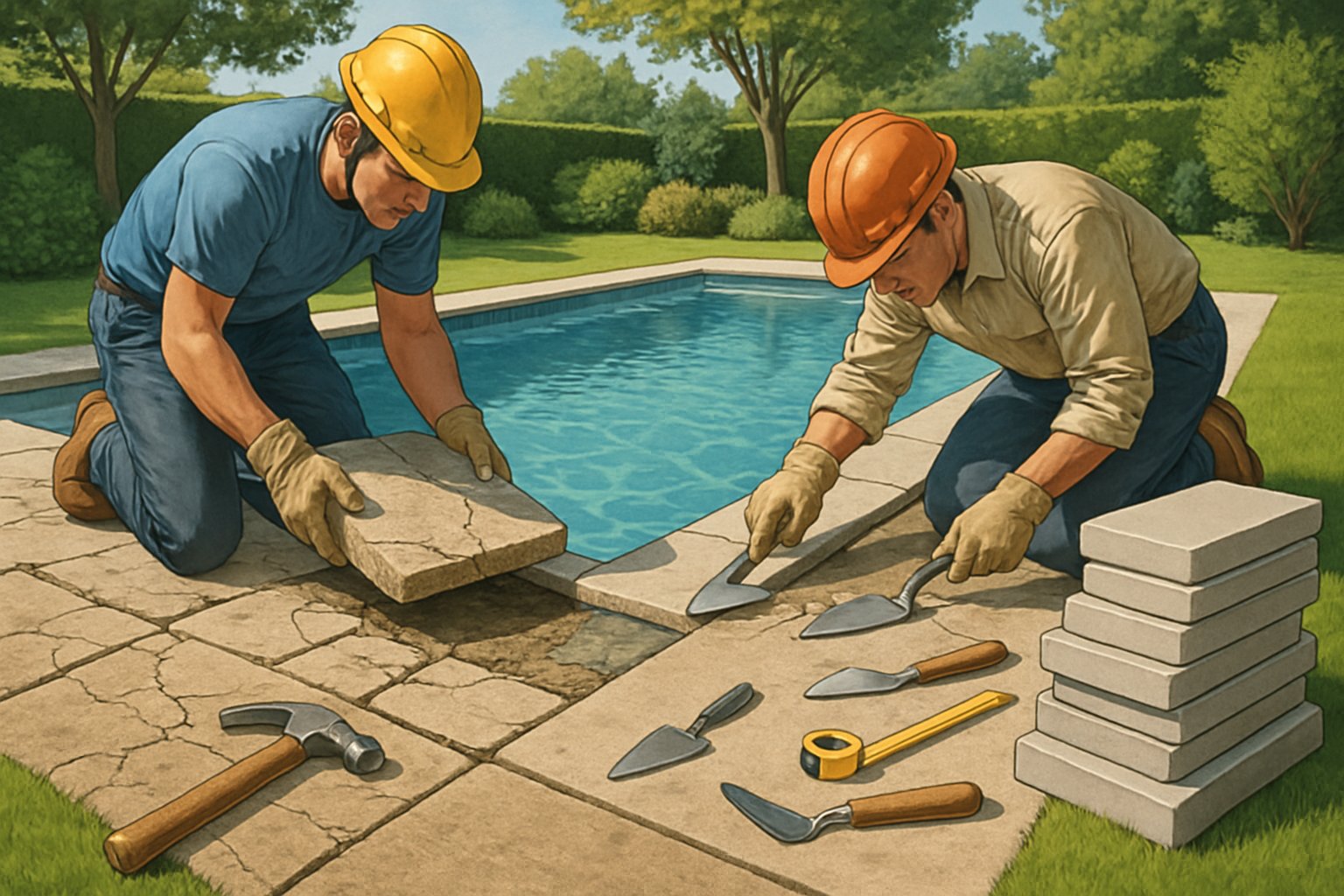 Workers replacing coping stones around a backyard inground swimming pool with new stones stacked nearby and tools visible.