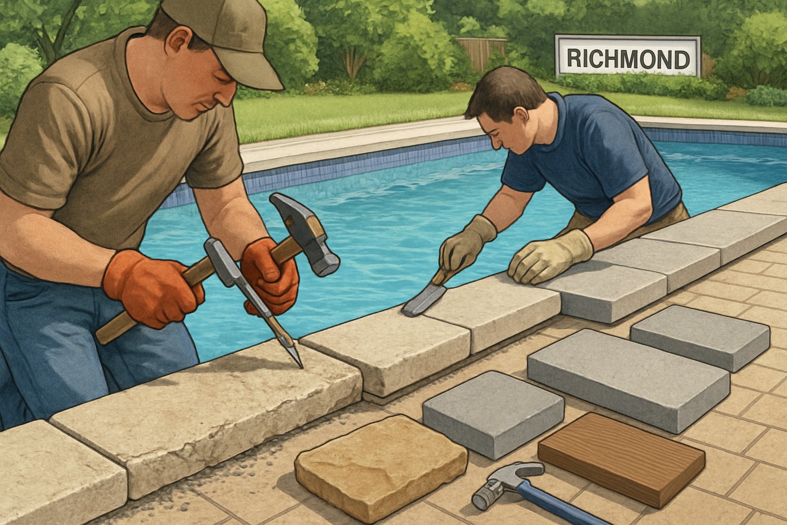 Workers replacing pool coping stones around a residential inground swimming pool with different material options displayed nearby.