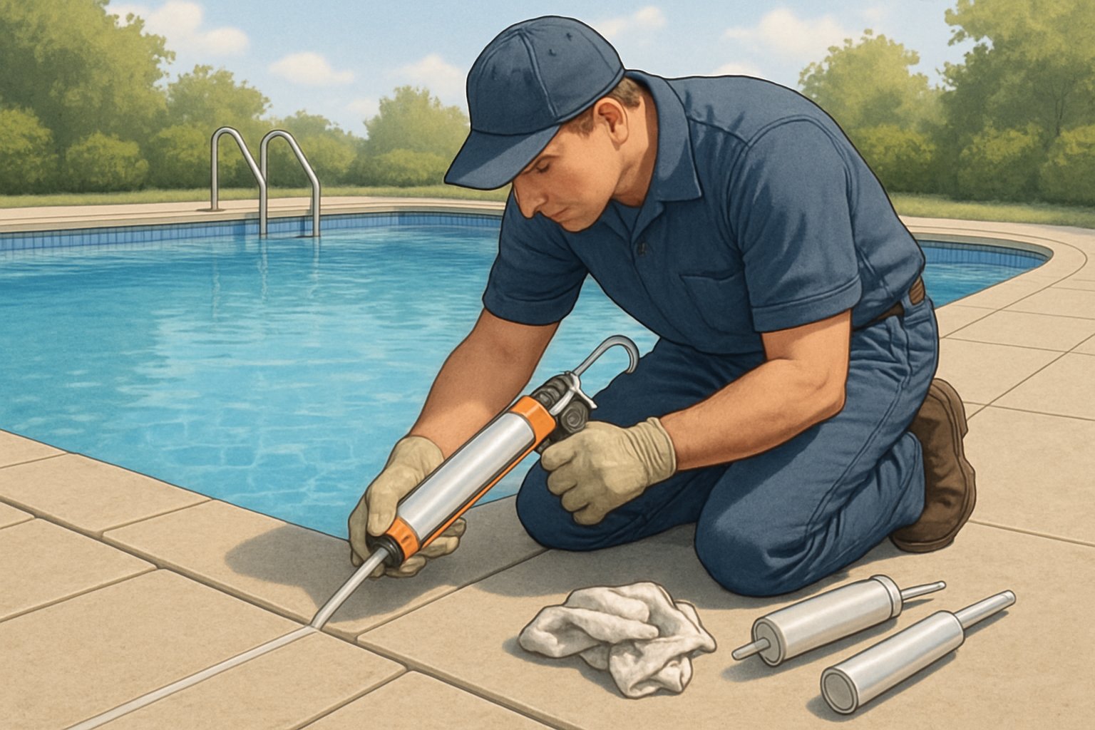 A worker applying sealant along the edge of an outdoor swimming pool surrounded by tiles and clean water.