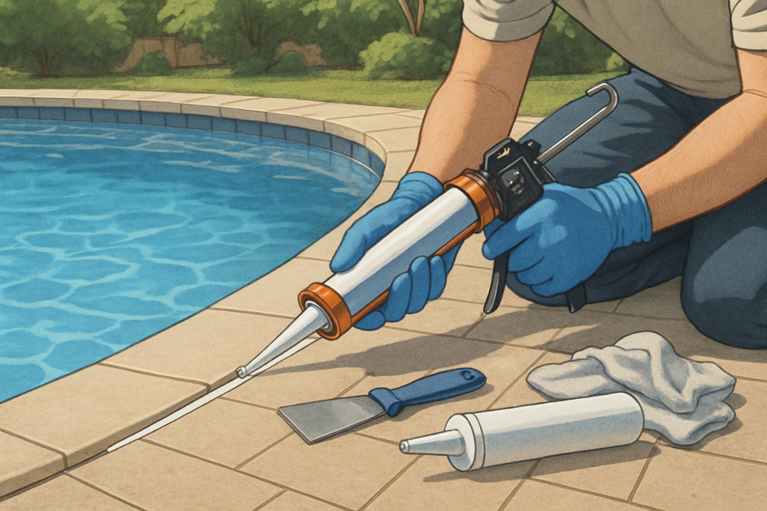 A worker applying caulking along the edge of a swimming pool with tools nearby in a backyard setting.