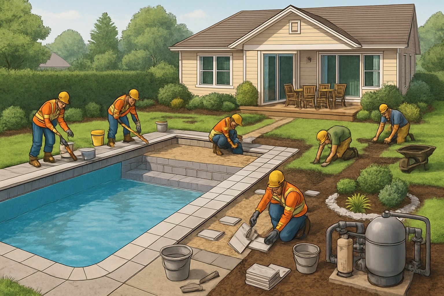 A backyard scene showing an inground swimming pool under renovation with workers installing tiles and landscaping around the pool near a residential house.