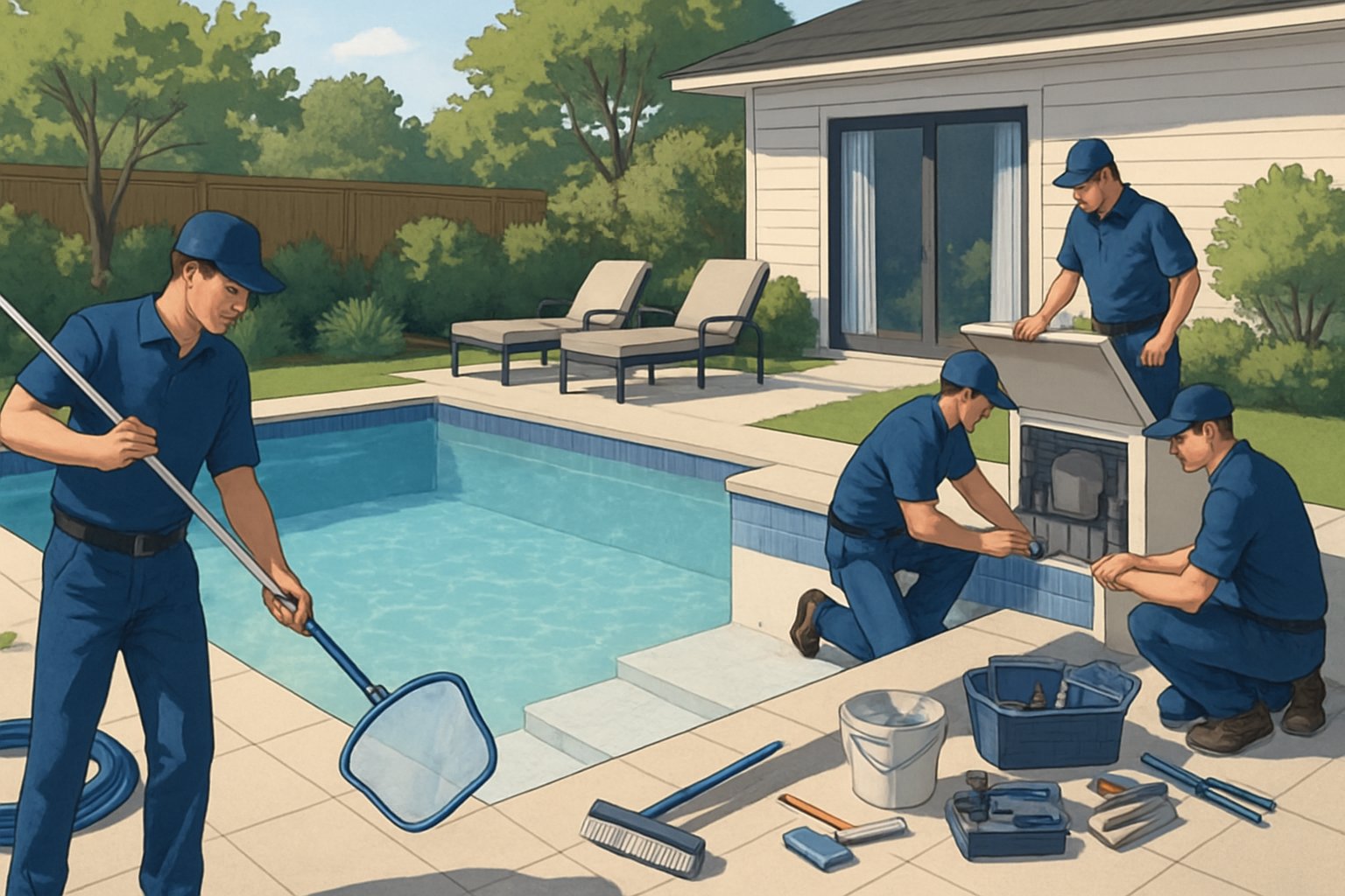 Workers performing maintenance and renovation tasks around a residential inground swimming pool in a backyard.