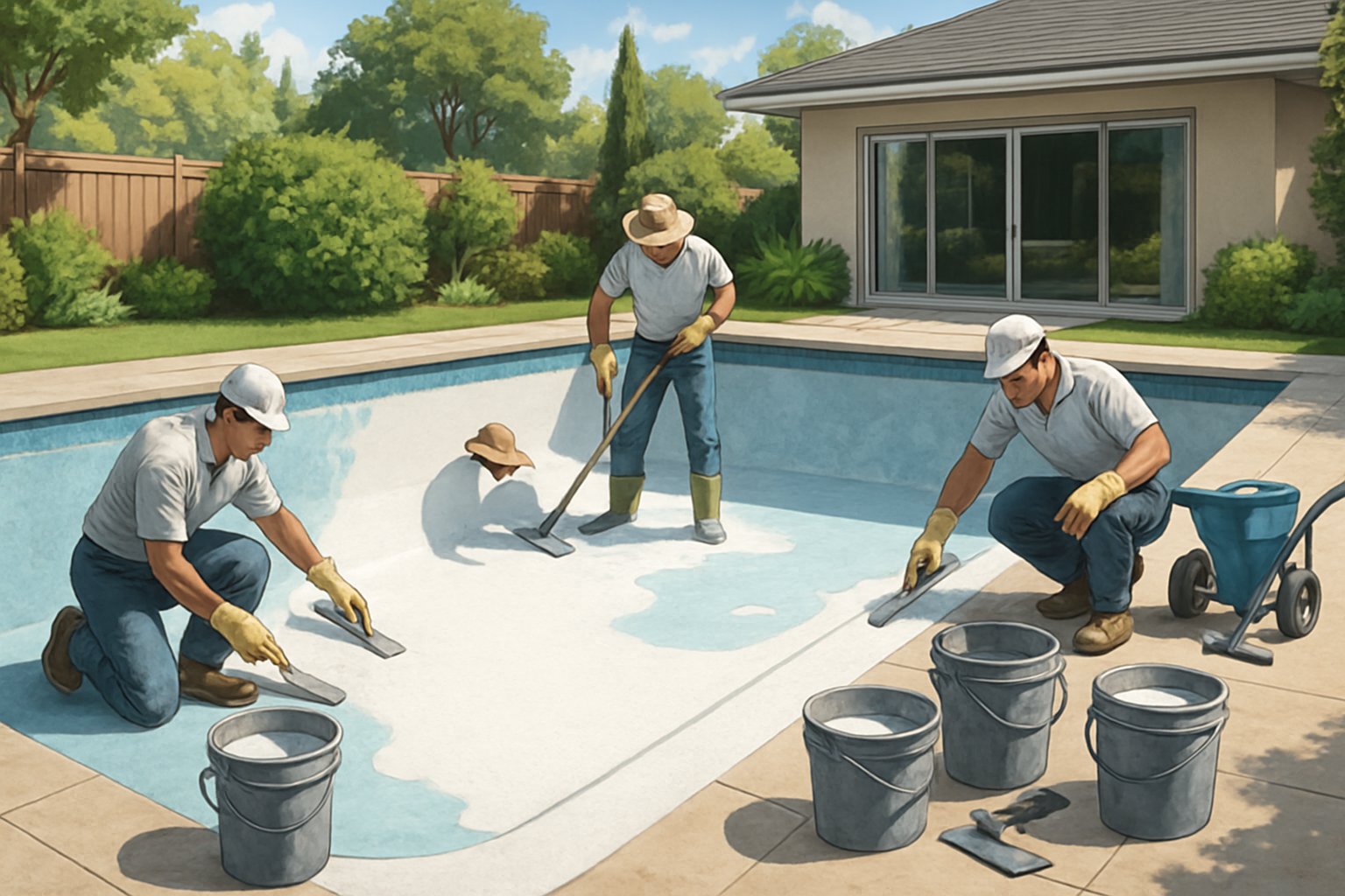 A backyard swimming pool being resurfaced and replastered by workers applying plaster to the pool walls and floor.