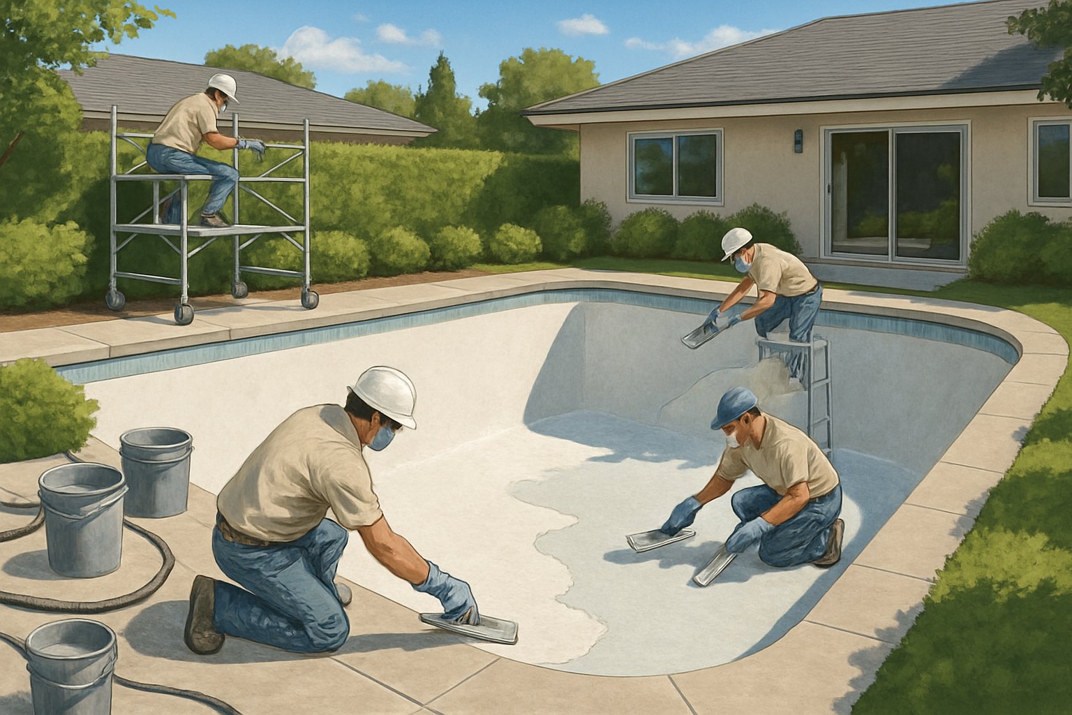 Workers resurfacing and replastering a residential inground swimming pool outdoors with tools and equipment around.