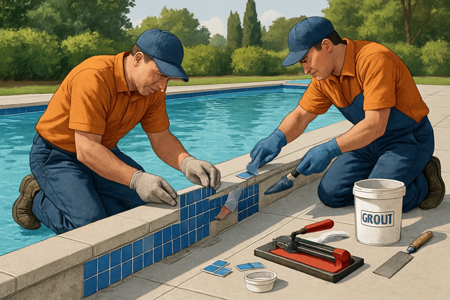 Workers replacing waterline tiles on the edge of an outdoor inground swimming pool surrounded by greenery.