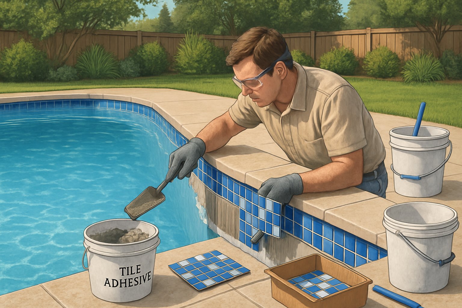 A worker replacing waterline tiles on a residential inground swimming pool with tools and materials nearby in a backyard setting.