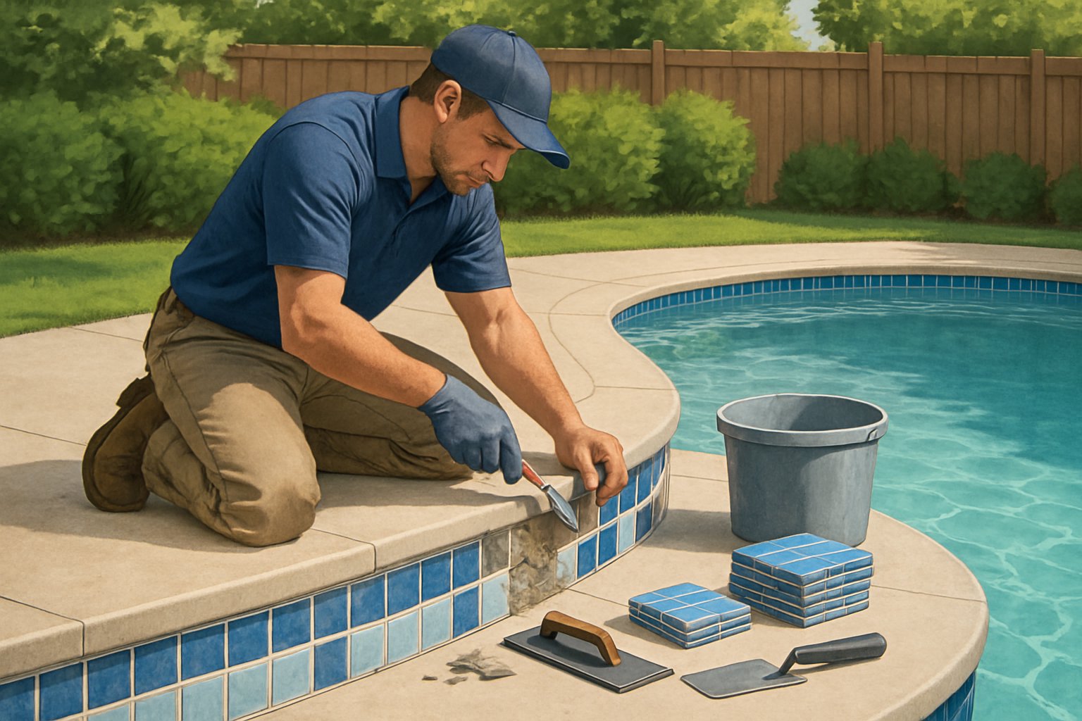 A worker replacing waterline tiles on a residential inground swimming pool with tools and replacement tiles nearby in a backyard setting.