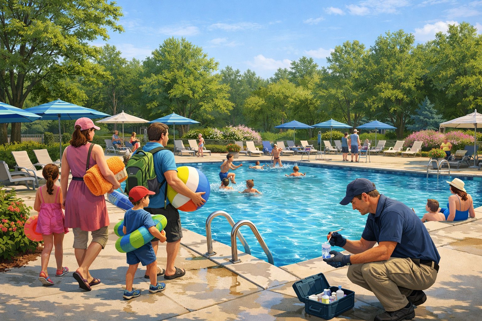 People enjoying the opening day of a clean outdoor inground swimming pool surrounded by trees and lounge chairs.