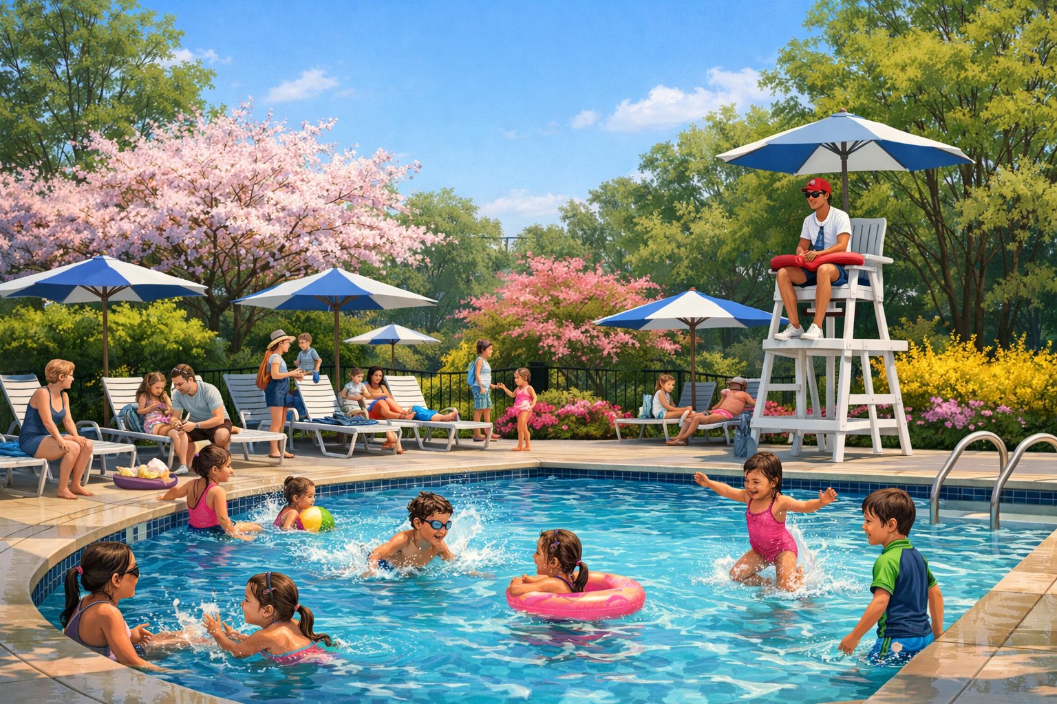 People enjoying a newly opened outdoor swimming pool surrounded by trees and lounge chairs on a sunny day.