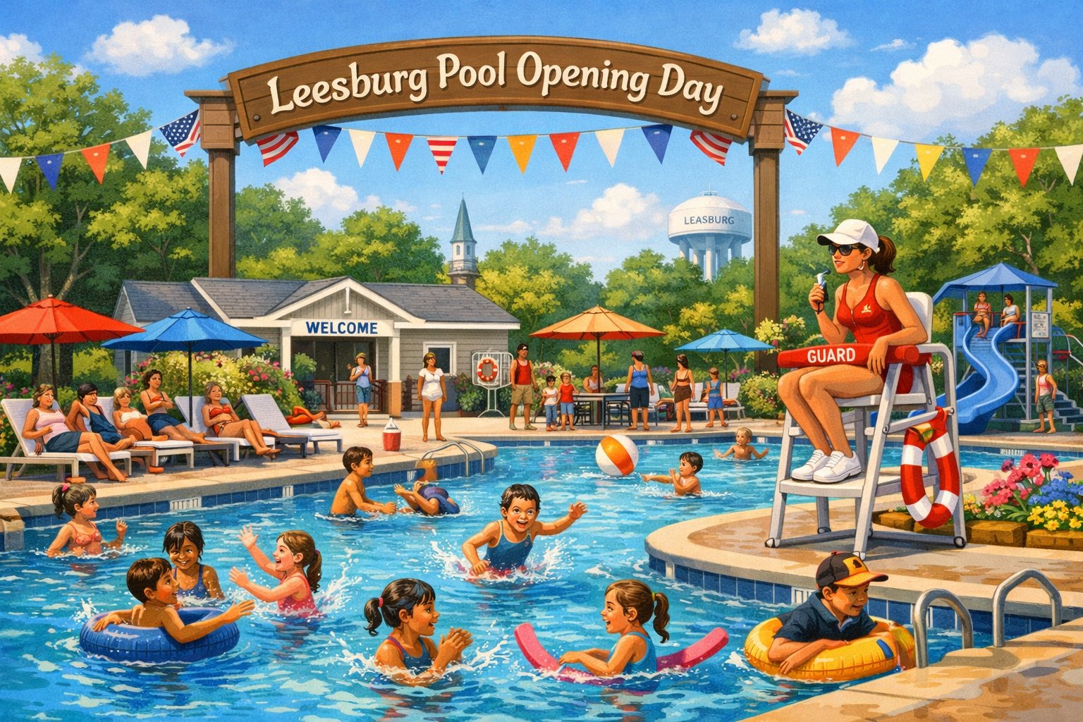 People enjoying a sunny day at a large outdoor swimming pool surrounded by trees and greenery in a suburban neighborhood.