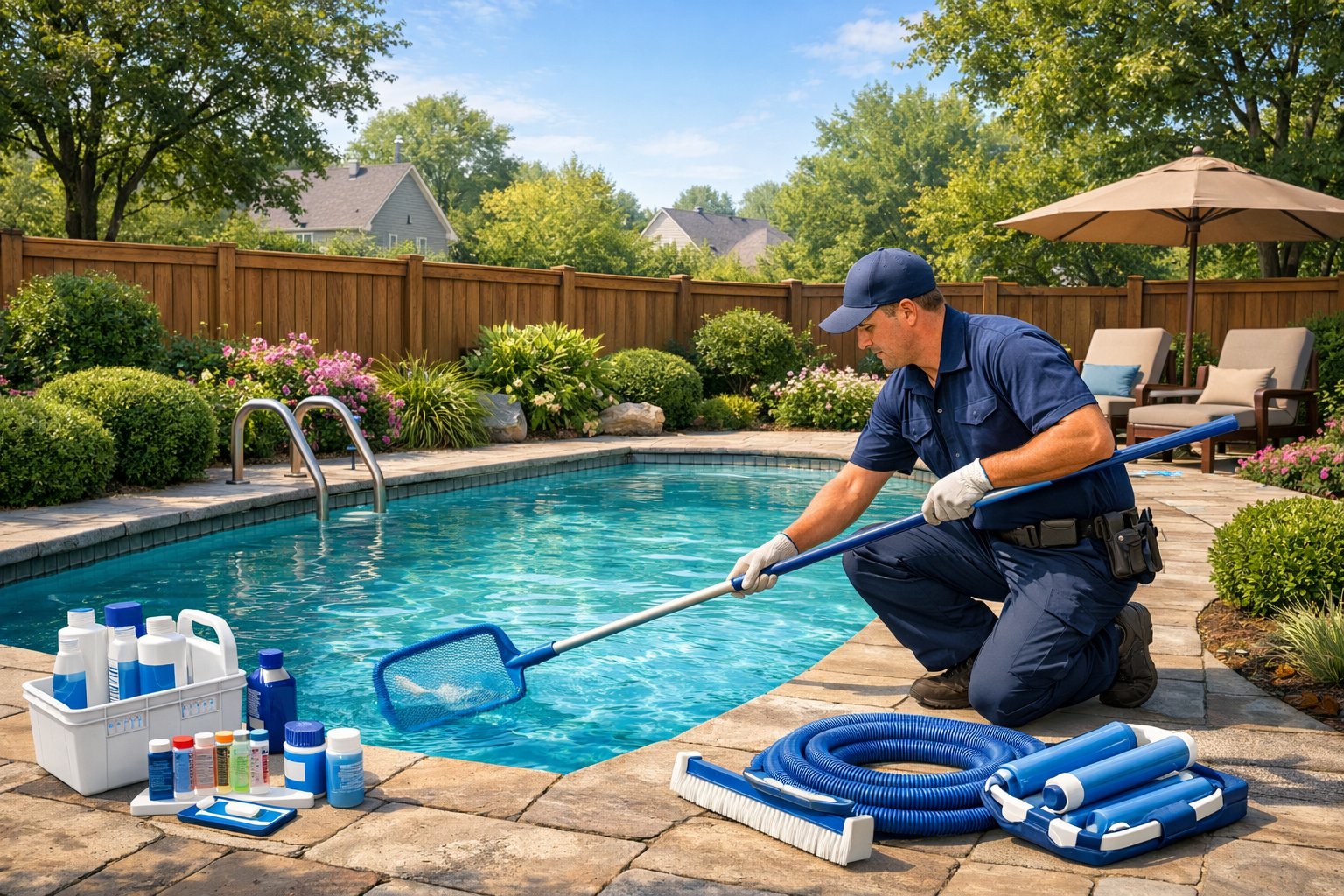 A pool technician cleaning and inspecting a residential swimming pool in a backyard surrounded by plants and a wooden fence on a sunny day.