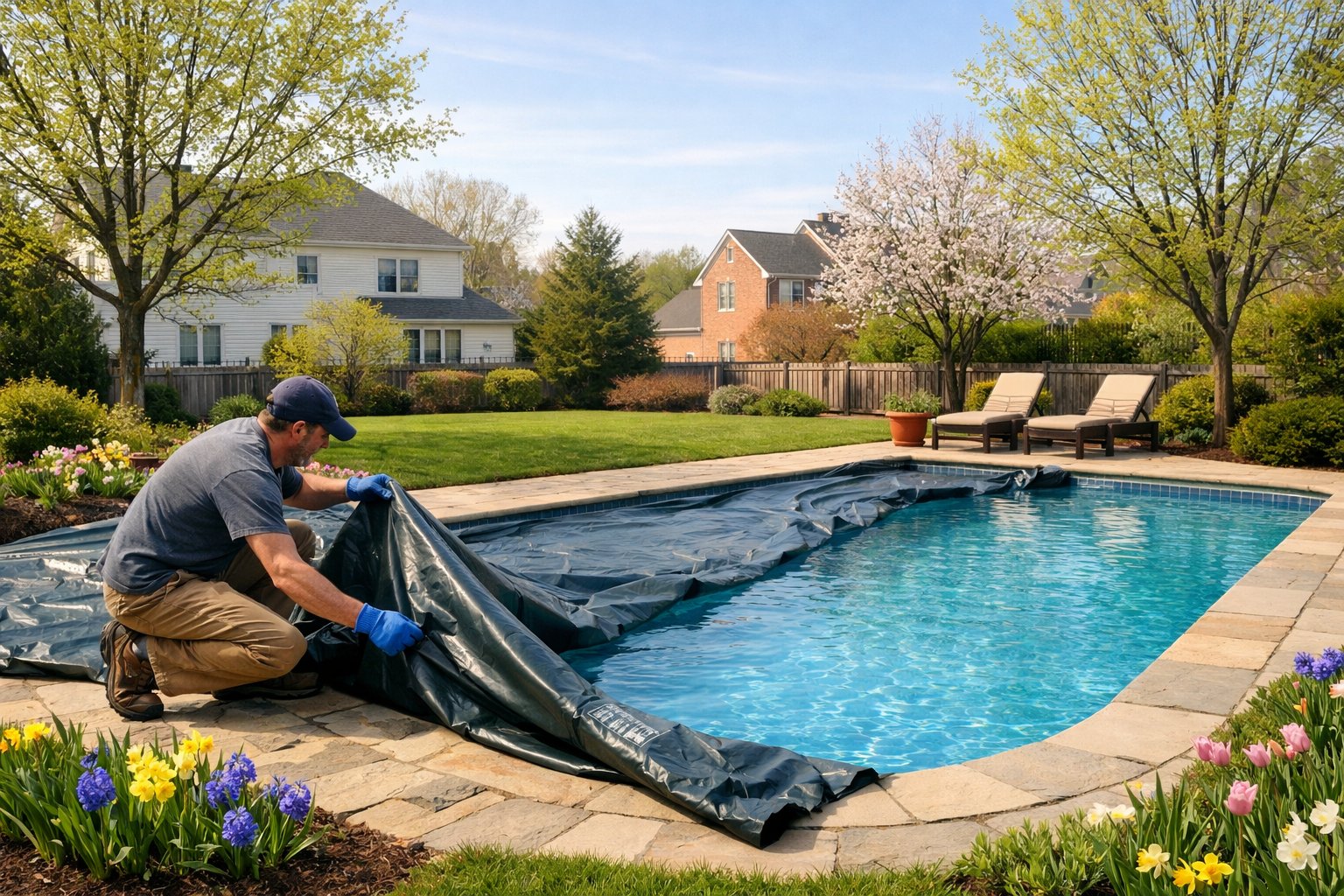 A person removing a pool cover in a backyard with green grass, spring flowers, and houses in the background.