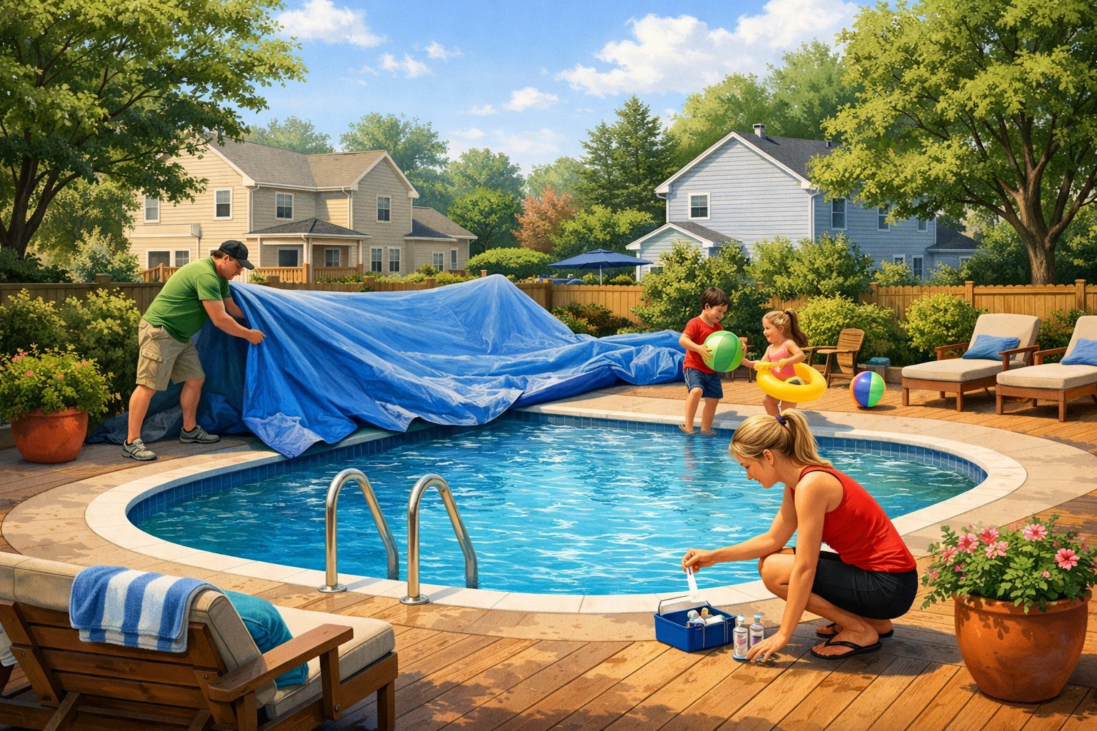 A backyard in Woodbridge, Virginia with a swimming pool being prepared for use by a family on a sunny day.