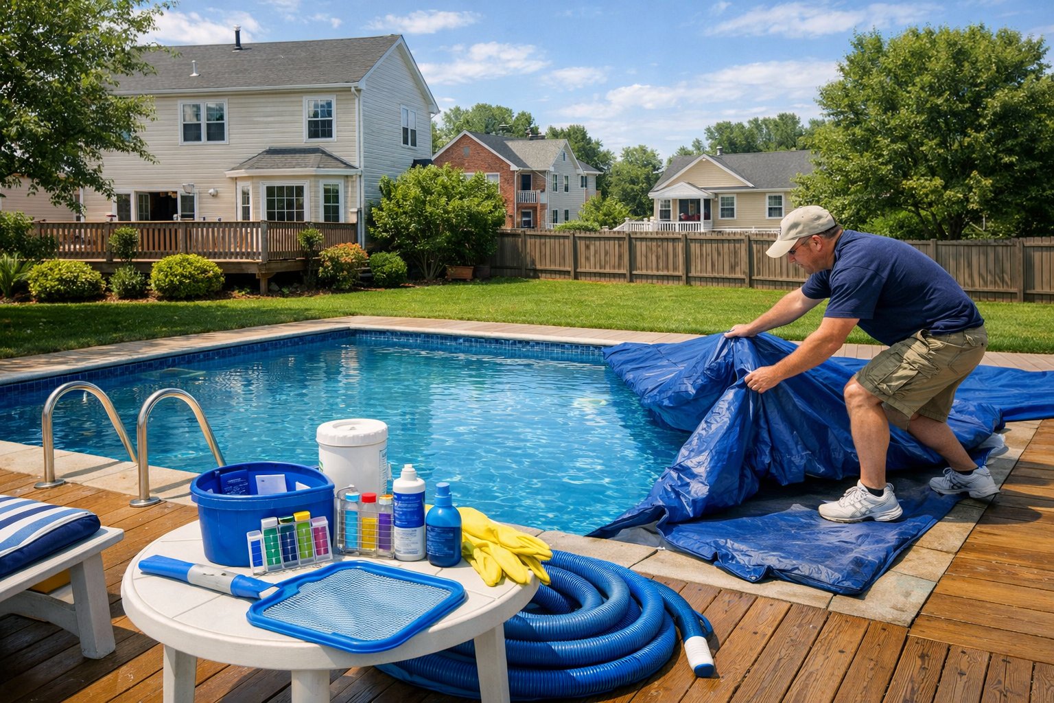 A backyard with a clean swimming pool being uncovered by a person, surrounded by pool cleaning tools and suburban houses in the background.