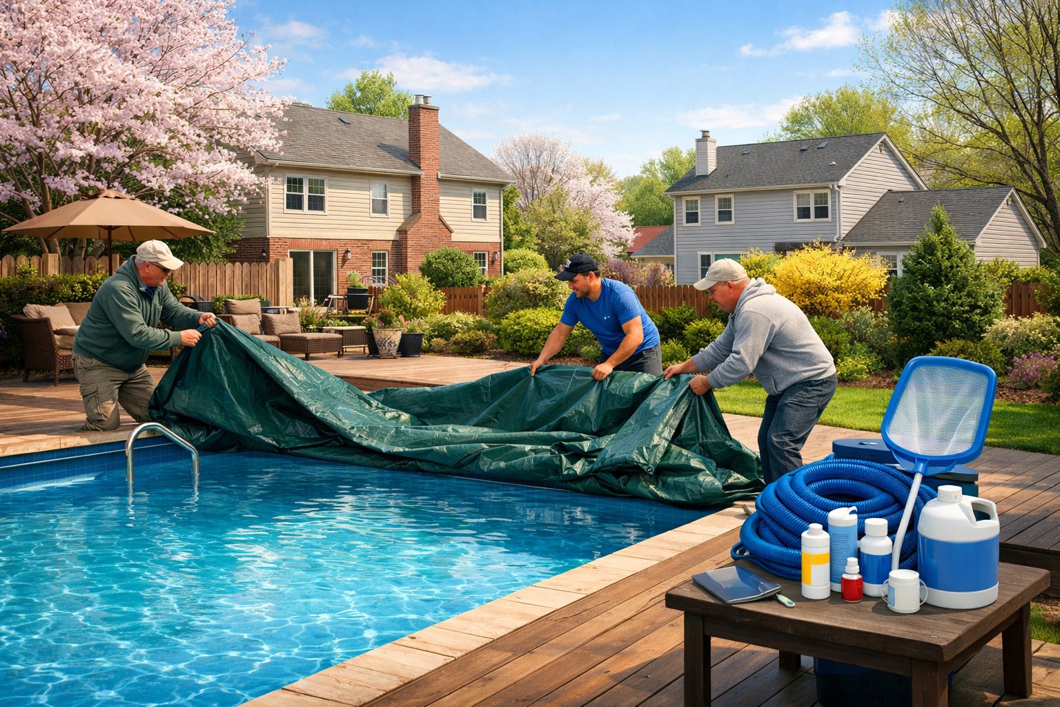A backyard scene showing workers opening a swimming pool with clear water, surrounded by a wooden deck and green plants, with houses in the background.