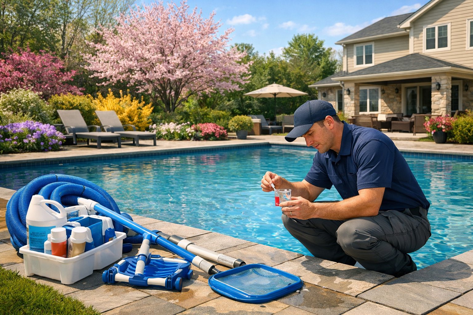 A technician inspecting and maintaining an outdoor swimming pool in a suburban backyard during spring.