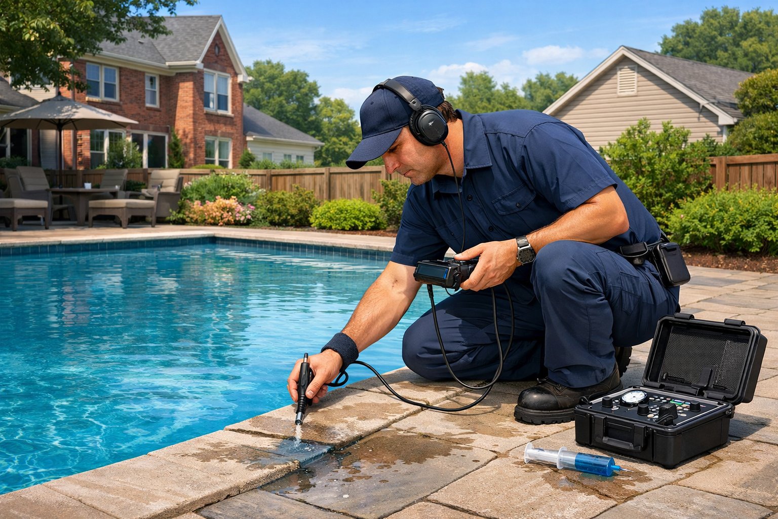 A technician inspecting a backyard swimming pool for leaks using specialized equipment in a suburban neighborhood.
