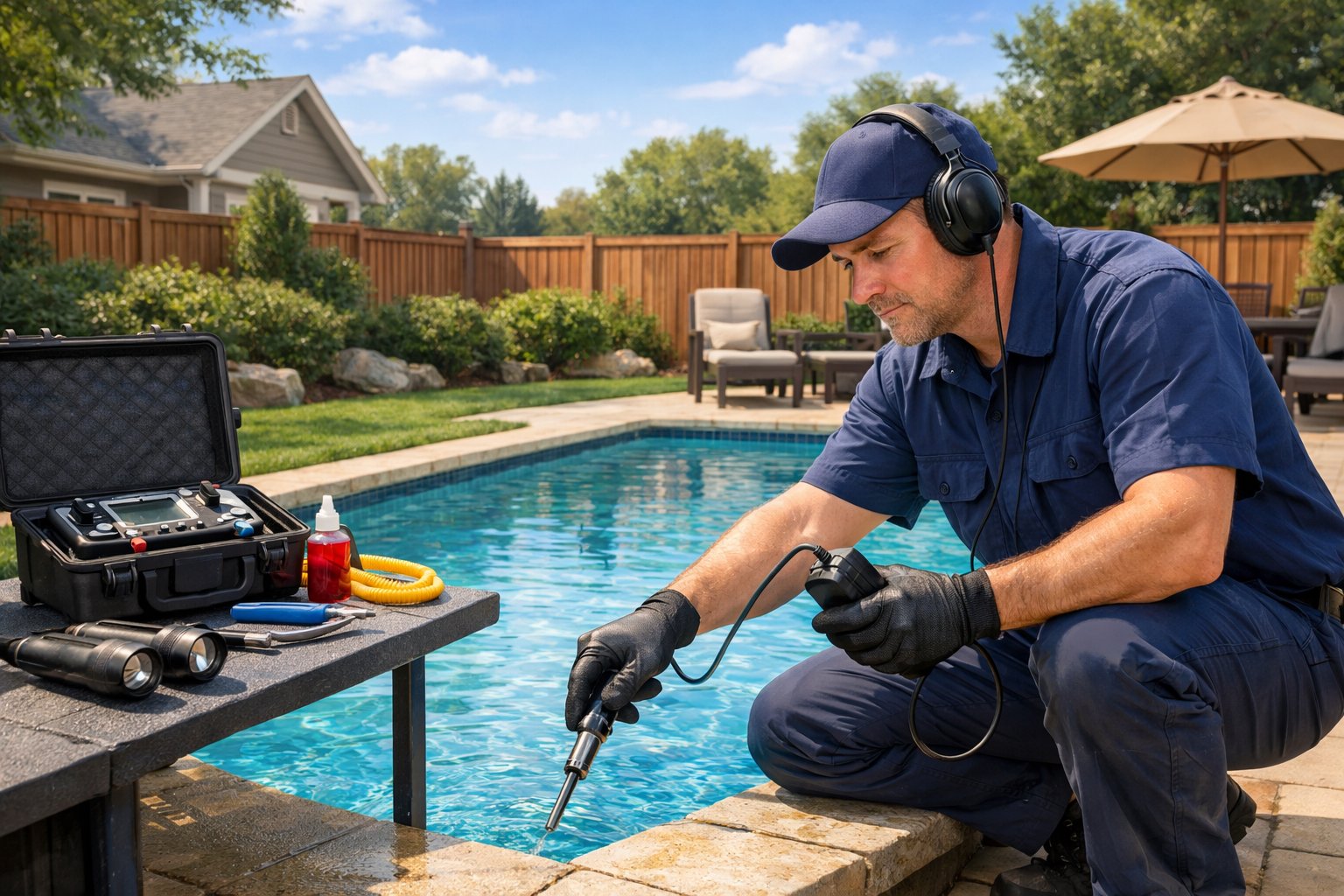 A technician inspecting a residential swimming pool with leak detection equipment in a backyard.