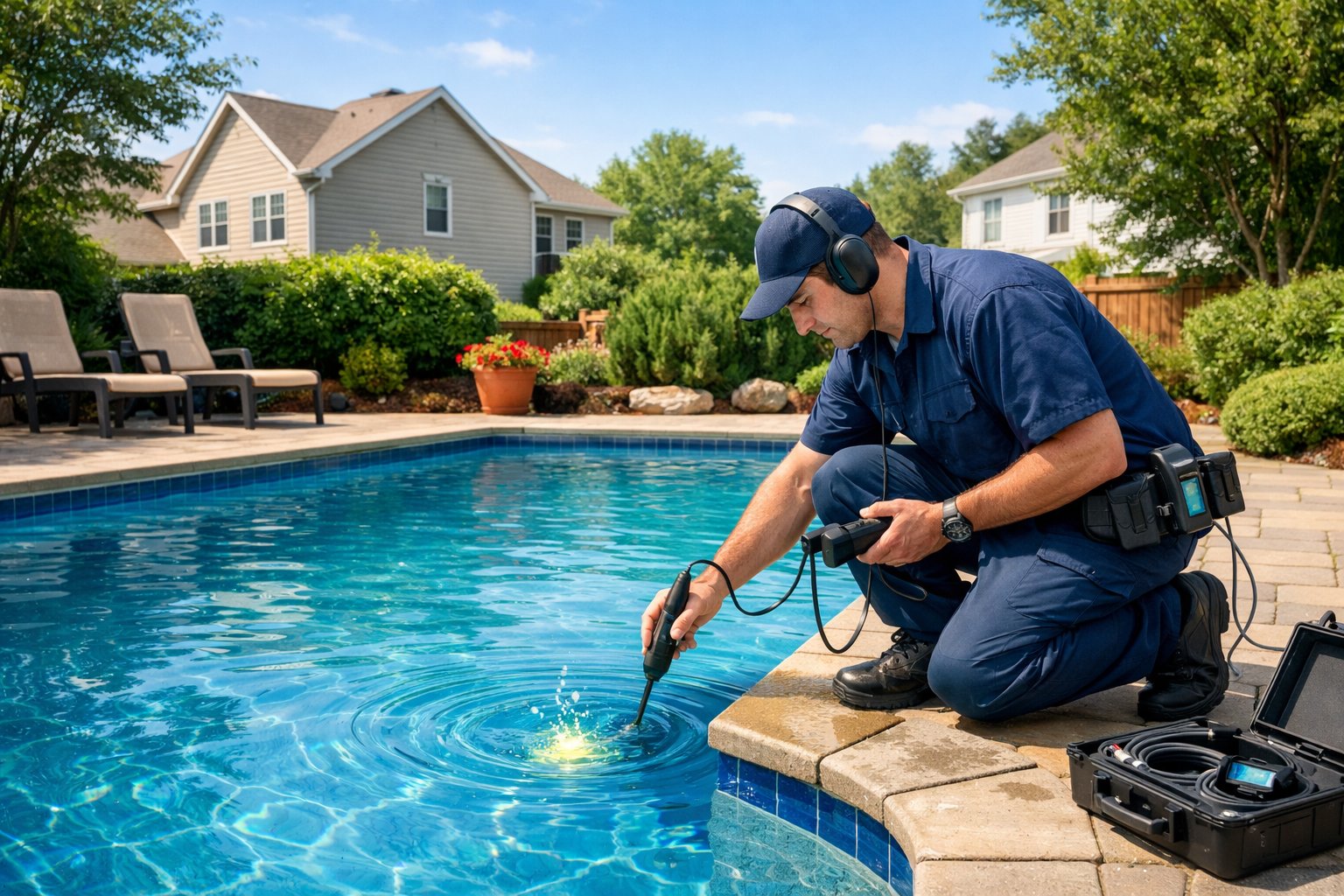 A technician inspecting a swimming pool in a residential backyard with green landscaping and houses in the background.