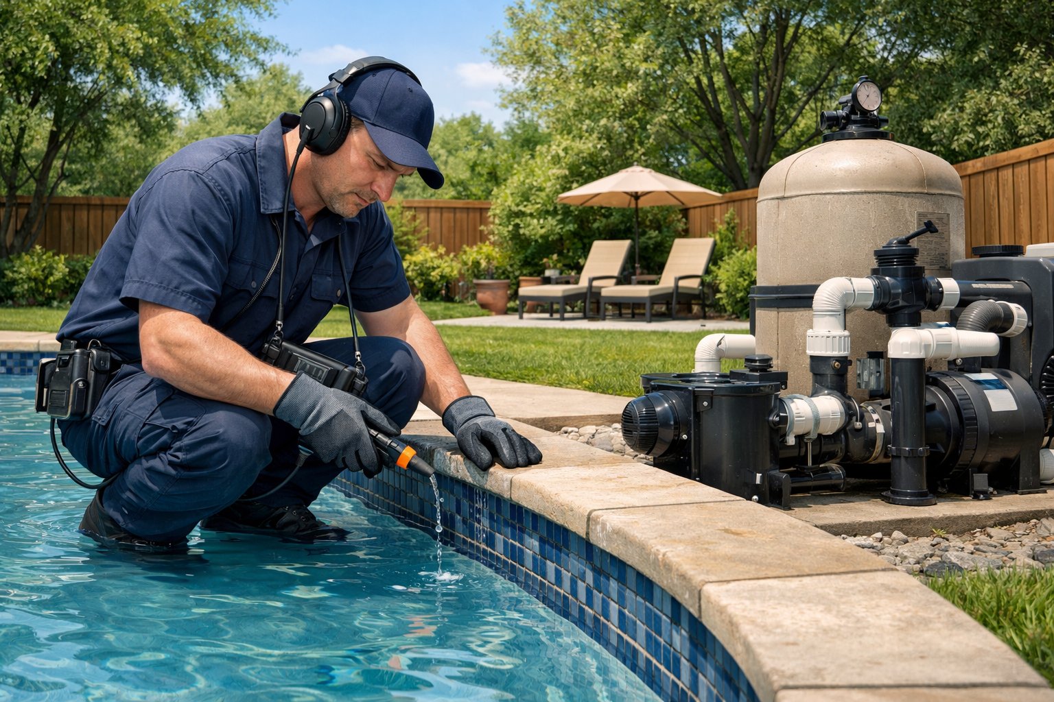 A technician inspecting a residential swimming pool outdoors for leaks with specialized equipment in a backyard setting.