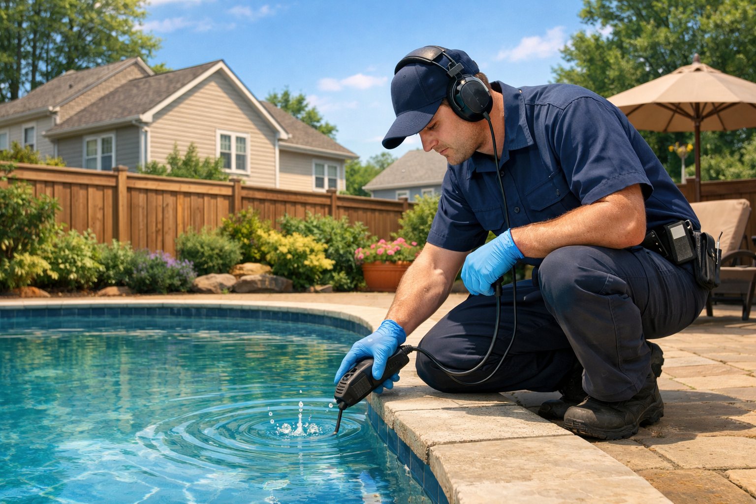 A technician inspects a backyard swimming pool with a leak detection device, surrounded by houses and greenery.