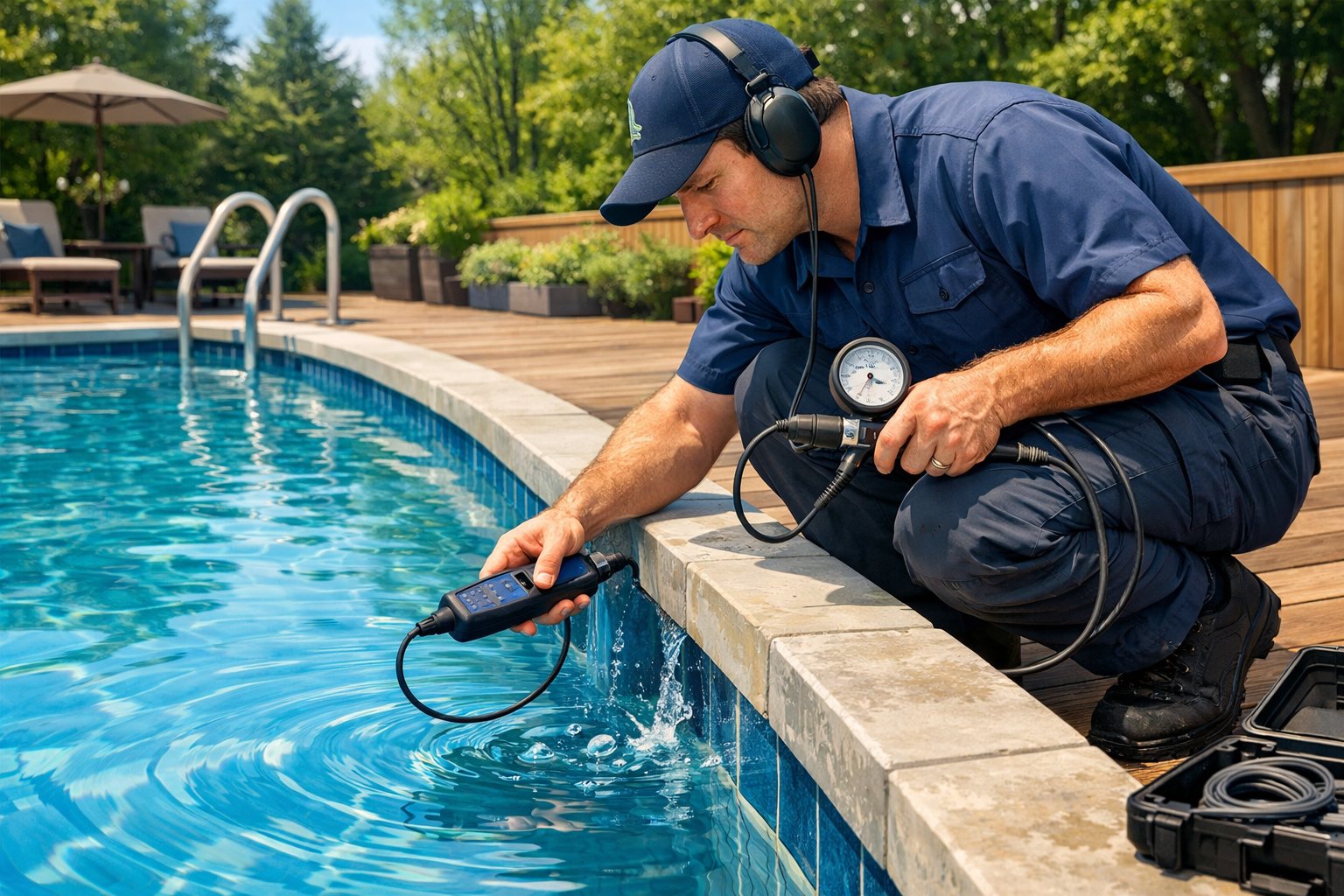 A technician inspecting a backyard swimming pool for leaks, using leak detection equipment near the pool's edge surrounded by trees and a wooden deck.