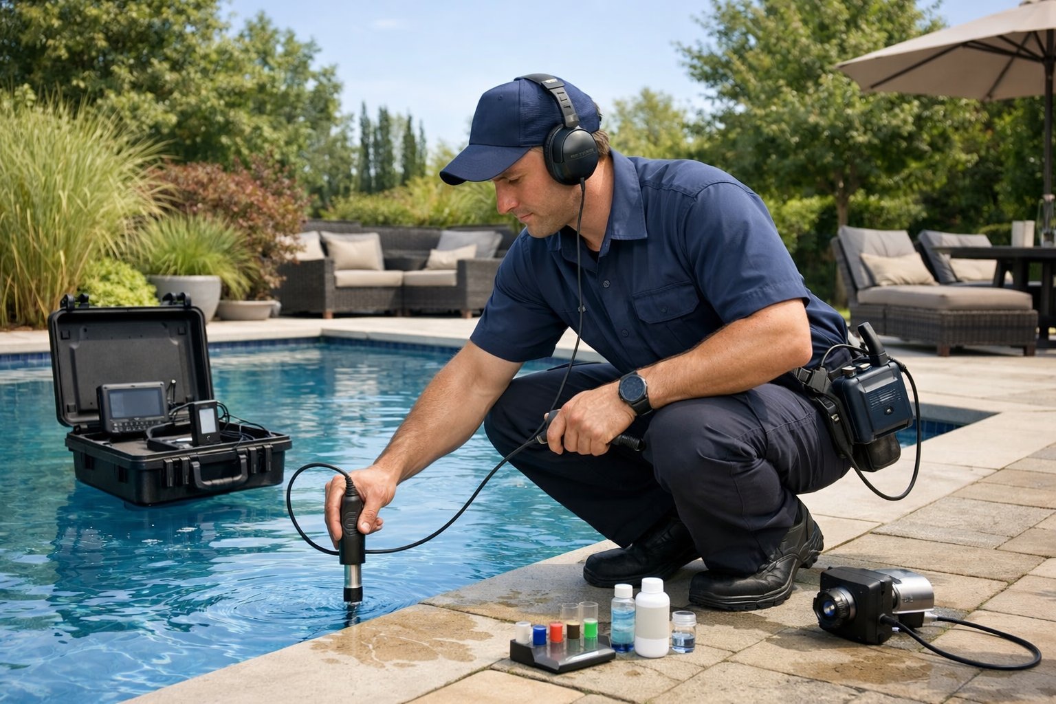 A technician inspecting a backyard swimming pool with leak detection equipment on a sunny day.