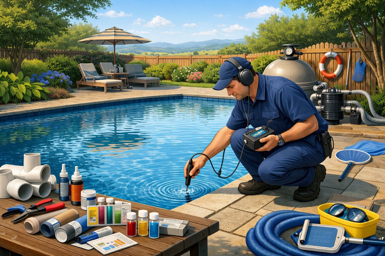 A technician inspecting a residential swimming pool outdoors with leak detection equipment, surrounded by plants and repair tools.