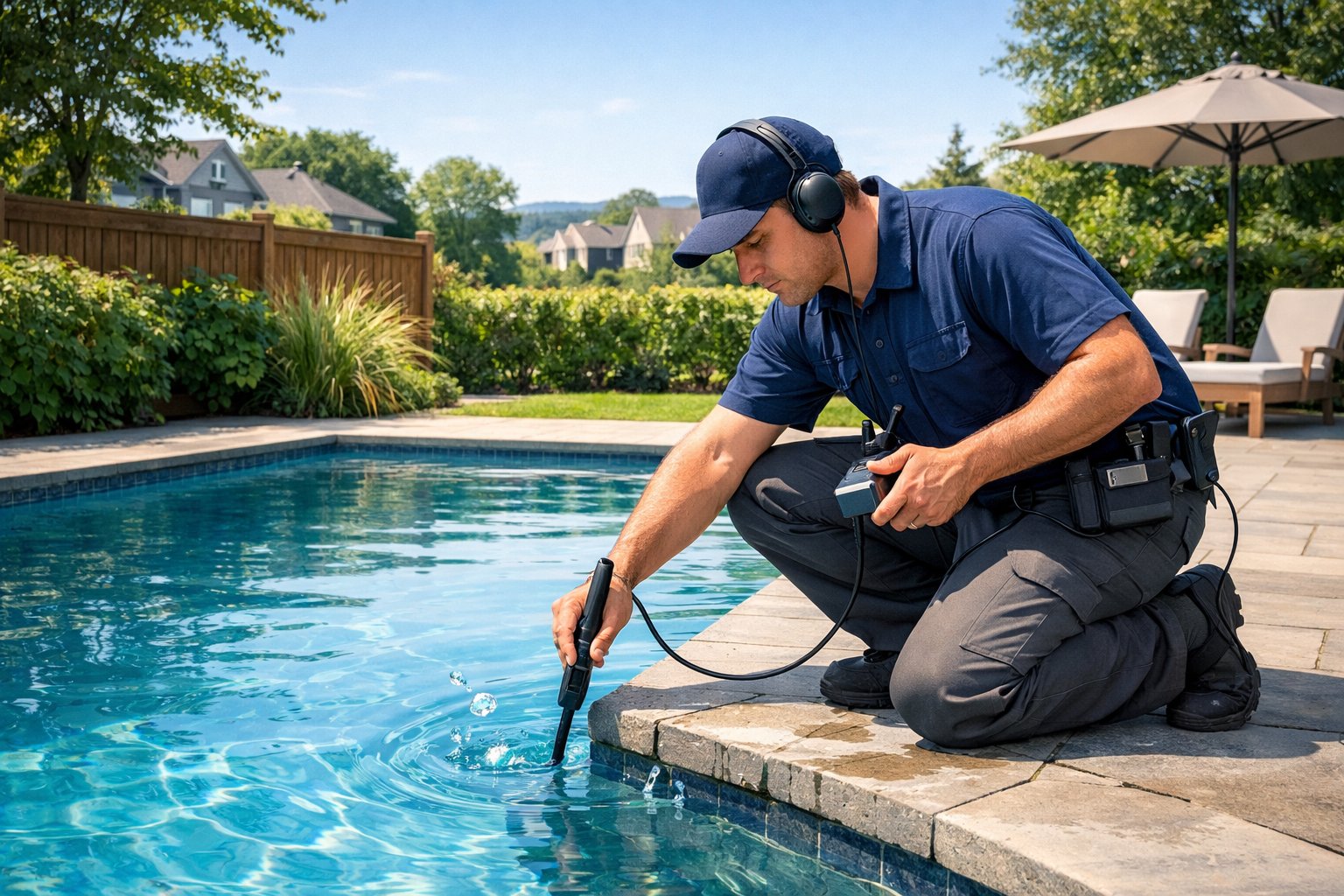 A technician inspecting a backyard swimming pool for leaks with equipment, surrounded by houses and trees.