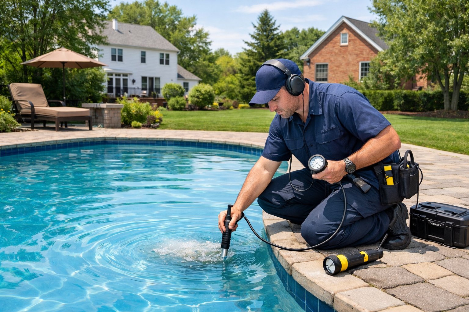 A technician inspecting a swimming pool in a suburban backyard with houses and trees nearby.