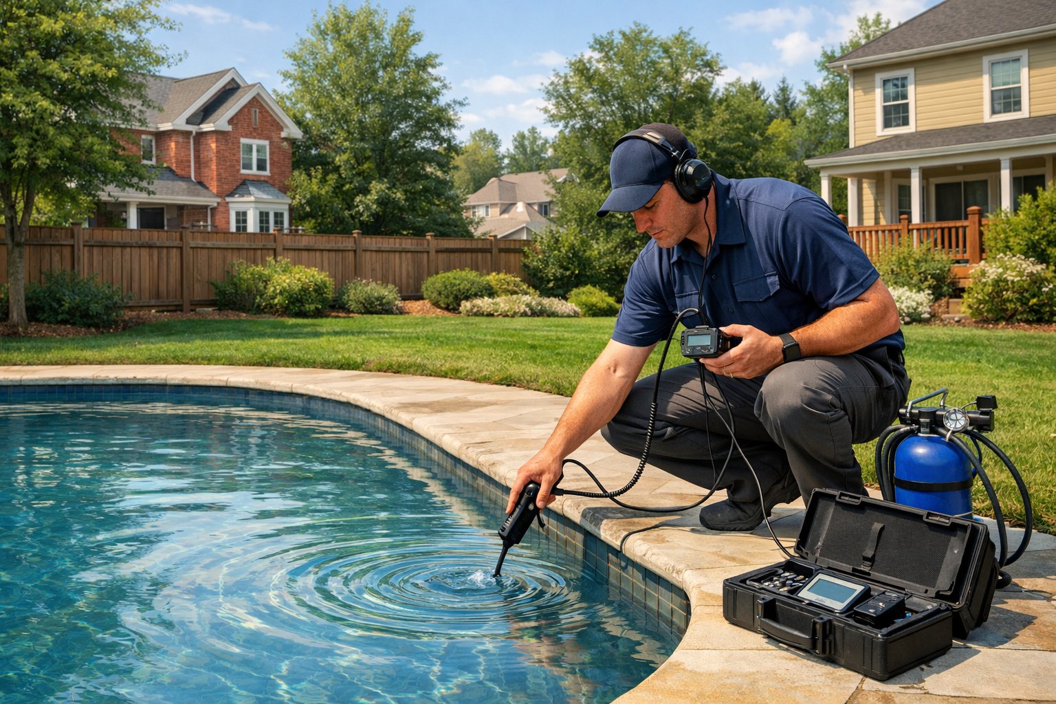 A technician inspecting a backyard swimming pool with leak detection equipment near the pool's edge.