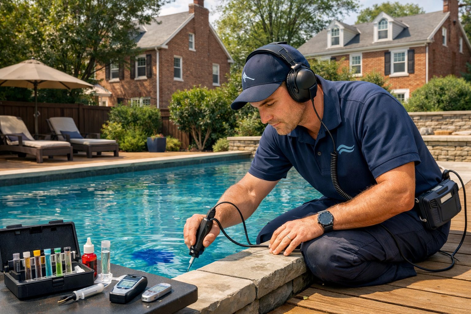 A technician inspecting a backyard swimming pool with leak detection equipment in a residential area.