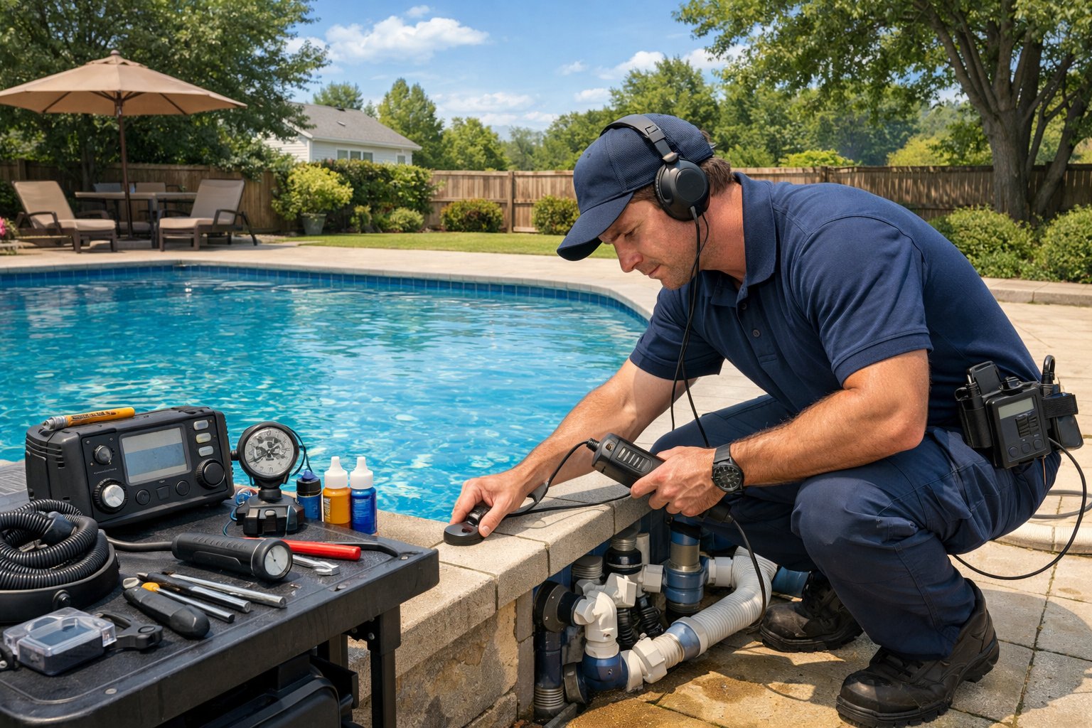 A technician inspecting a residential swimming pool with leak detection equipment in a backyard setting.