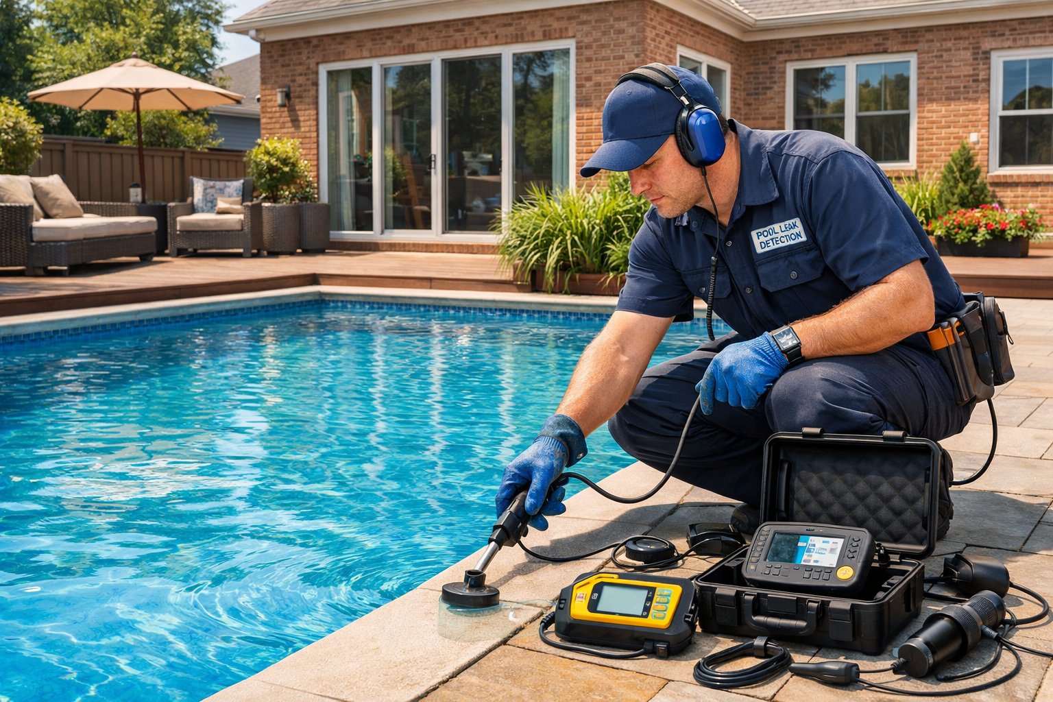 A technician inspecting a swimming pool in a suburban backyard, using leak detection equipment near clear blue water with plants and a house in the background.