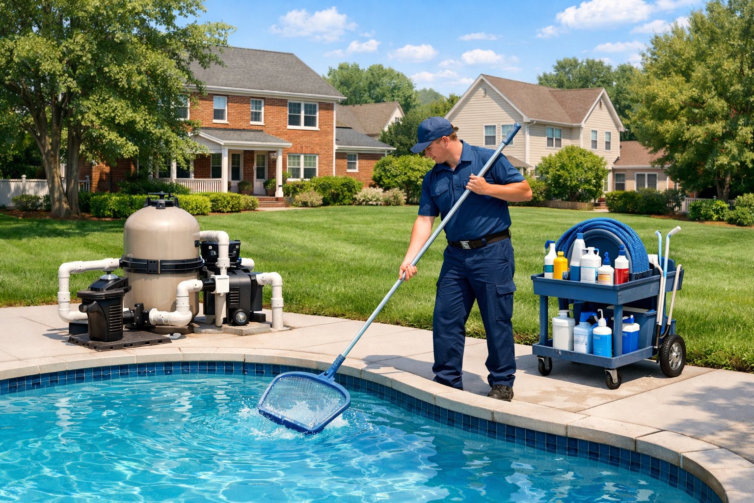 A pool maintenance worker cleaning a backyard inground residential swimming pool in a suburban neighborhood with houses and trees in the background.