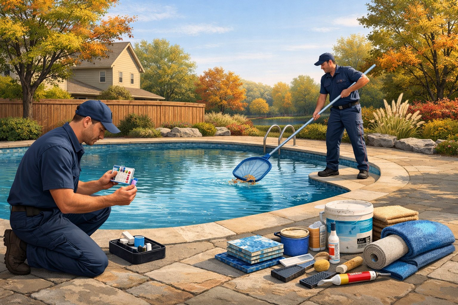 A pool technician performing maintenance on an outdoor inground residential swimming pool surrounded by autumn trees and a suburban home in Manassas, Virginia.