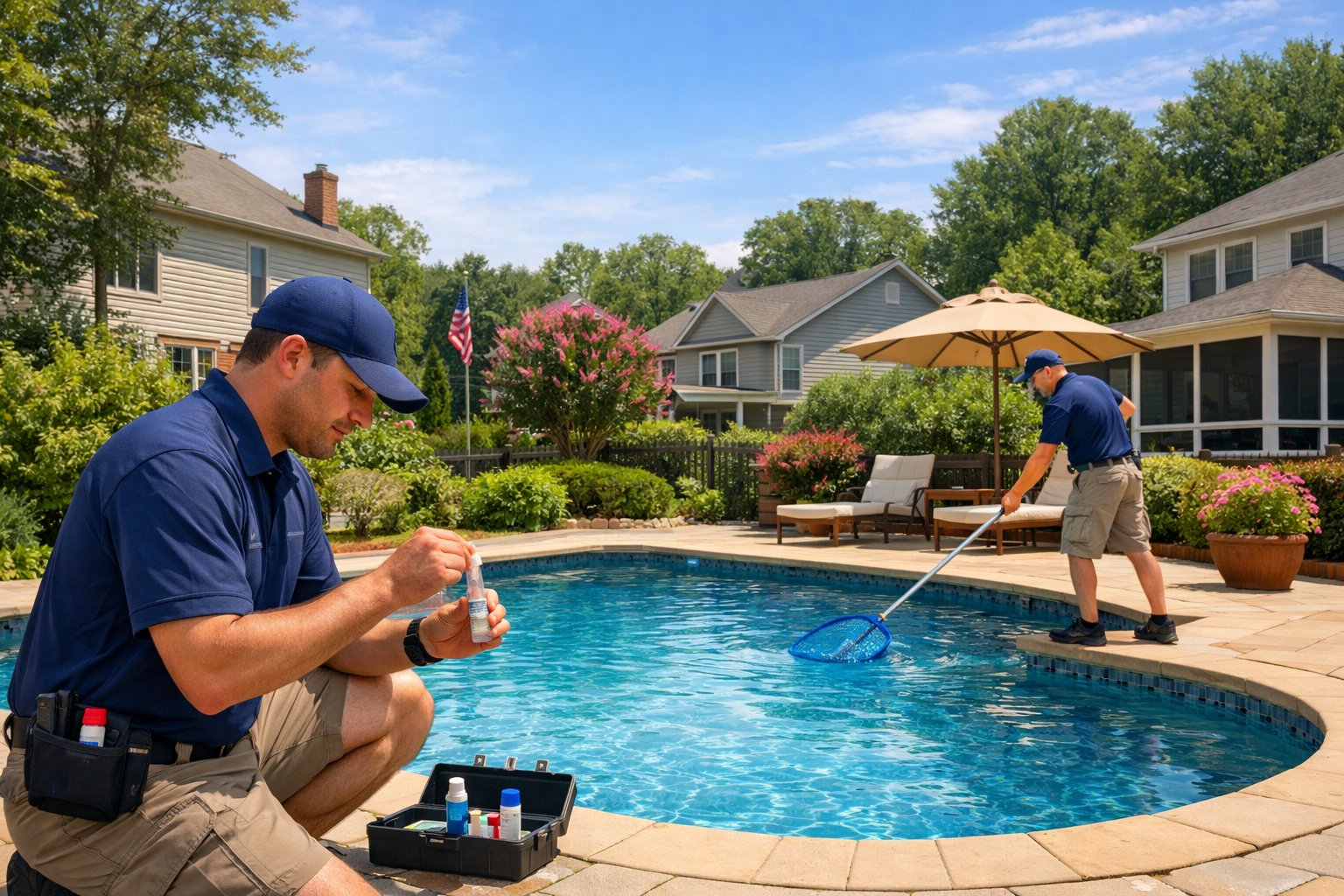 A technician maintaining a clean residential swimming pool in a suburban neighborhood with trees and houses in the background on a sunny day.