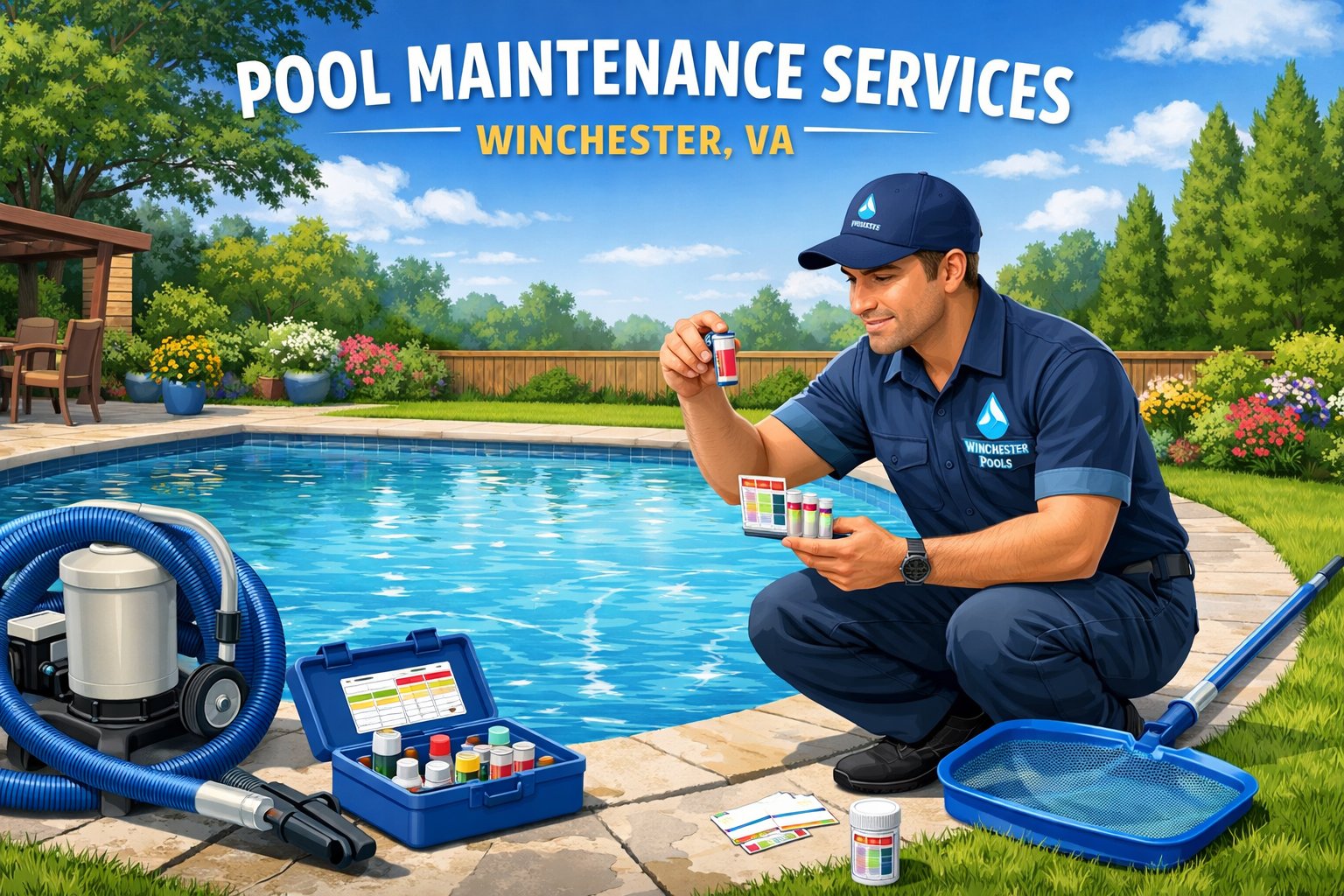 A pool technician testing water and cleaning an inground residential pool in a backyard with green grass and plants.