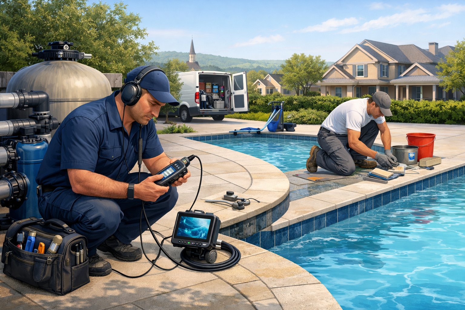 An outdoor inground residential pool with technicians inspecting equipment and performing renovation tasks.