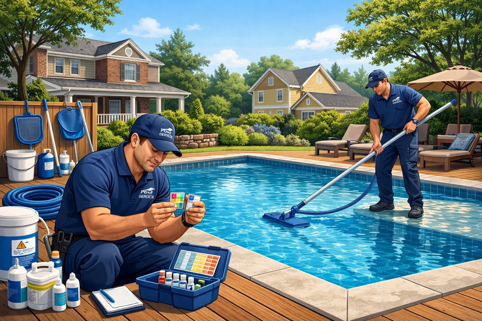 A clean swimming pool in a backyard with two maintenance workers testing water and vacuuming, surrounded by green plants and houses.