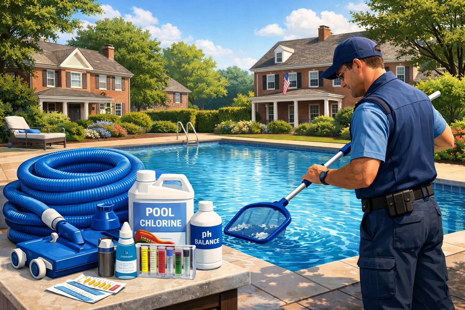 A pool technician cleaning a residential inground swimming pool with maintenance tools nearby in a suburban neighborhood.