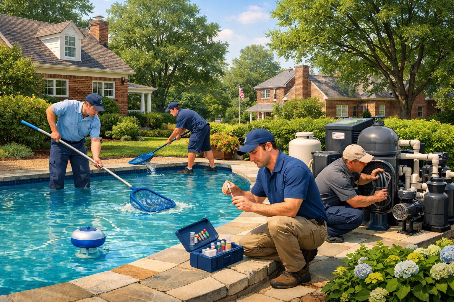 A residential inground swimming pool with maintenance workers cleaning and servicing it, set in a suburban neighborhood with brick houses and trees.